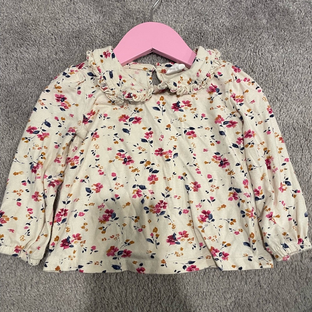 GAP Cream and Pink Floral Blouse with Ruffled Collar